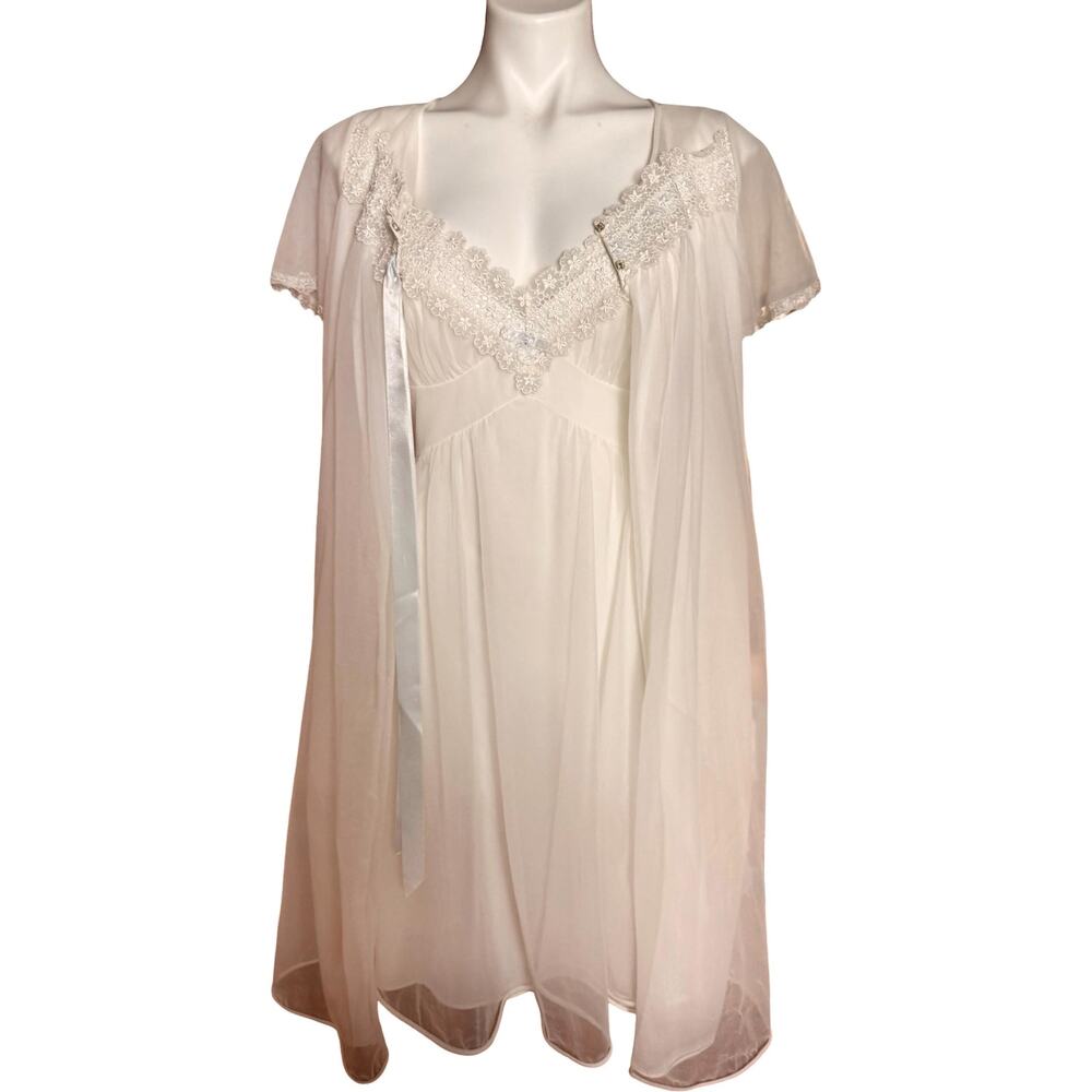 Vintage 1960s Gotham Gold Stripe White Double Chiffon Lace Peignoir Set Small